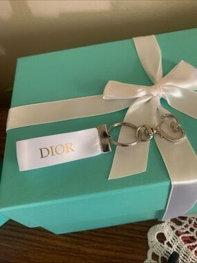 Dior White Ribbon Logo Keyring with Silver Hardware